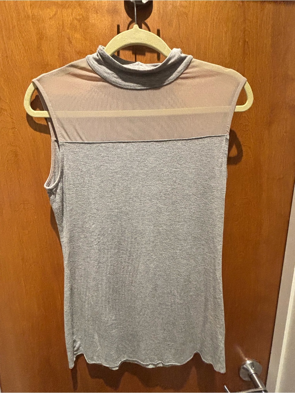 Sleeveless Grey Mock Neck Tank with Sheer Yoke